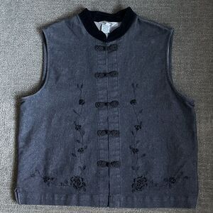 Stonebridge Vtg Women’s M Black Denim Embroidered Beaded Vest Whimsical Artsy